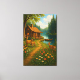Cozy Woodland Cabin With Deer Stretched Canvas Leinwanddruck