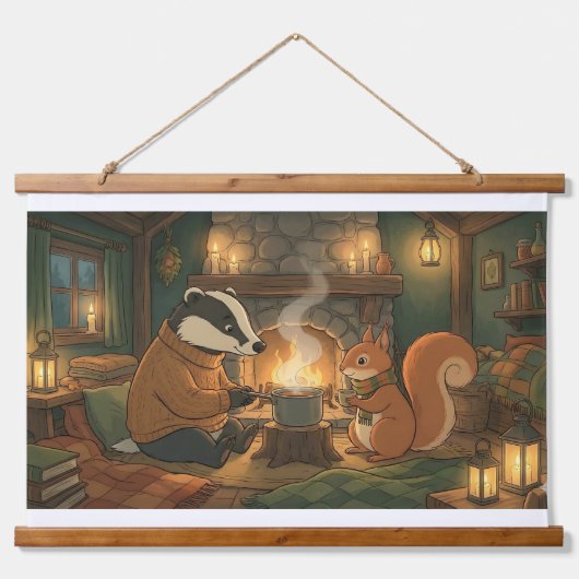 Cozy Woodland Campfire Animals Wall Tapestry Wandteppich Mit Holzrahmen (Vorne)