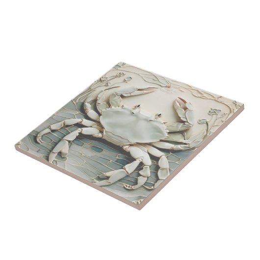 Crab Art Nouveau Imitats Relief White & Minze Past Fliese (Seite)