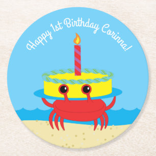 Crab Beach Birthday Party Runder Pappuntersetzer