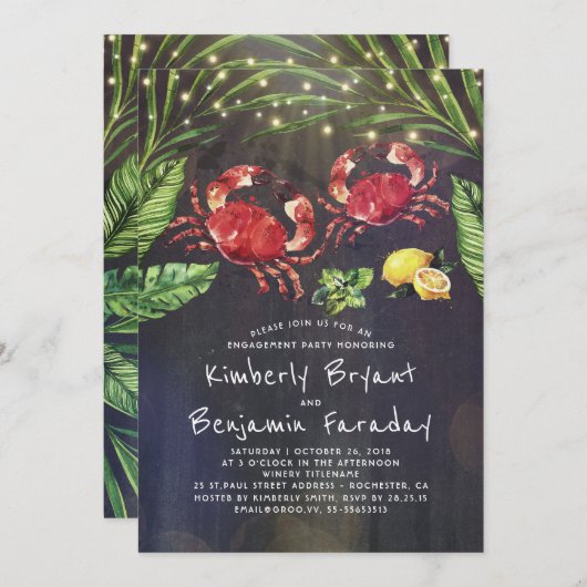 Crab Beach Palm String Lights Engagement Party Einladung (Vorne/Hinten)