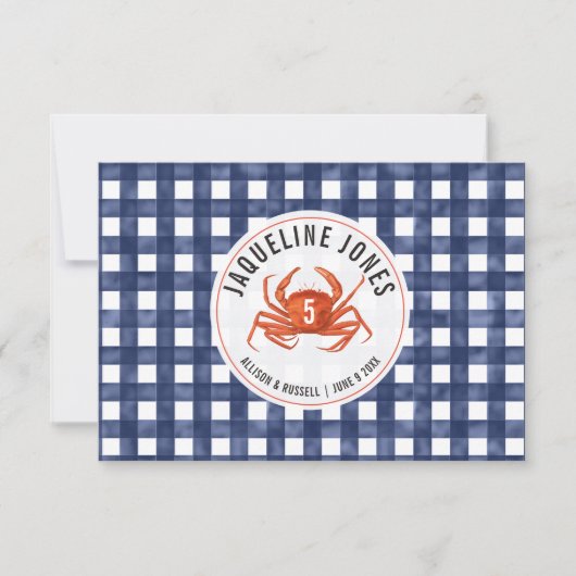 Crab Blue Gingham Wedding Platzkarte Flat (Vorderseite)