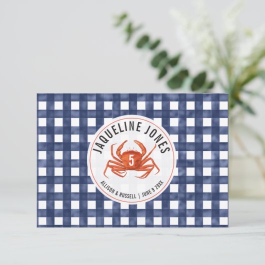 Crab Blue Gingham Wedding Platzkarte Flat (Stehend Vorderseite)