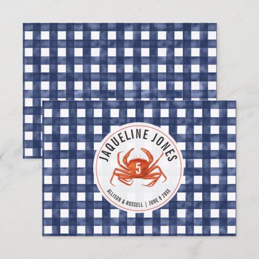 Crab Blue Gingham Wedding Platzkarte Flat (Vorne/Hinten)