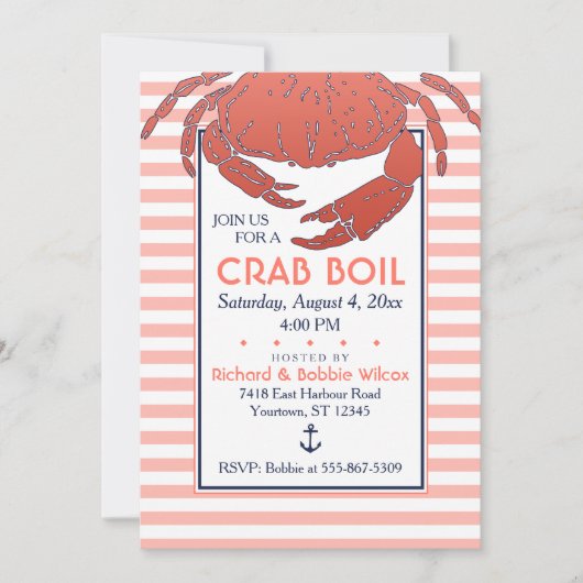 Crab Boil | Eingeladene Navy/Coral gestreift Einladung (Vorderseite)