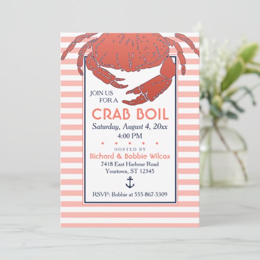 Crab Boil | Eingeladene Navy/Coral gestreift Einladung (Stehend Vorderseite)