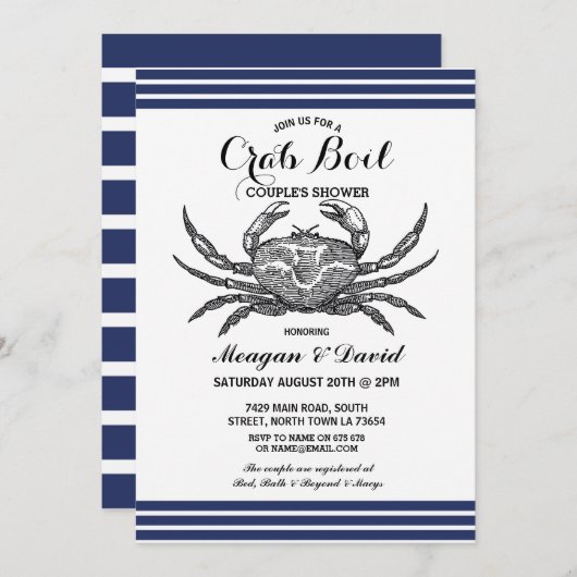 Crab Boil Engagement Party Karo Blue Beach Einladung (Vorne/Hinten)