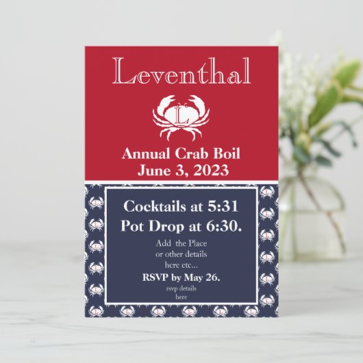 Crab Boil Invite Red Crab Navy Blue White Coastal Einladung (Stehend Vorderseite)