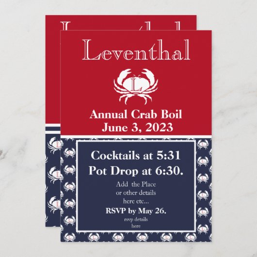 Crab Boil Invite Red Crab Navy Blue White Coastal Einladung (Vorne/Hinten)