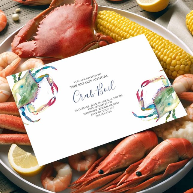Crab Boil Summer Party Einladung (Seafood invitations feature watercolor blue crab art by Victoria Grigaliunas of Do Tell A Belle)
