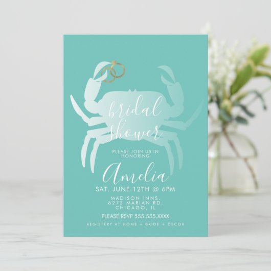 Crab Crustacean Aquamarin Ocean Brautparty Einladung (Stehend Vorderseite)