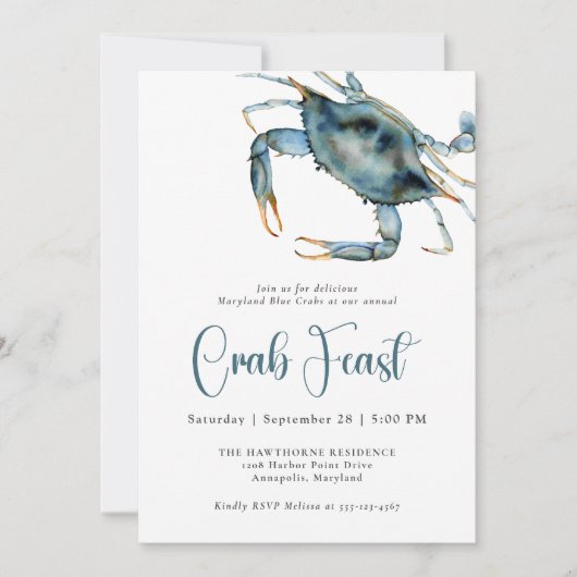 Crab Feast Watercolor Blue Crab Einladung (Vorderseite)