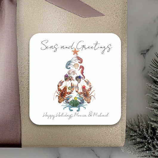 Crab Hummer Weihnachtsbaum Crustacean Sea Holiday Quadratischer Aufkleber