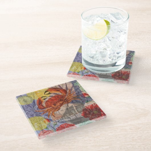 Crab Nautical Beach Seafood Art Glasuntersetzer (Schrägansicht)