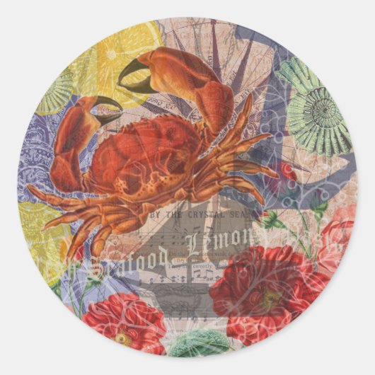 Crab Nautical Beach Seafood Art Runder Aufkleber (Vorderseite)