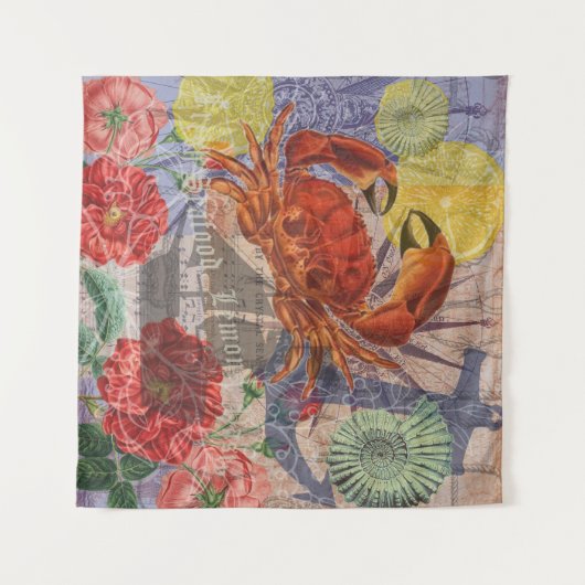 Crab Nautical Beach Seafood Art Wandteppich (Vorderseite (Horizontal))