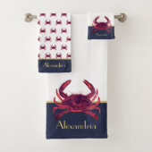 Crab Nautical Burgundy Maroon Red Gold Navy Blue Badhandtuch Set (Insitu)