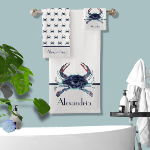 Crab Nautical Navy Blau und Grau Badhandtuch Set