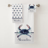 Crab Nautical Navy Blau und Grau Badhandtuch Set (Insitu)