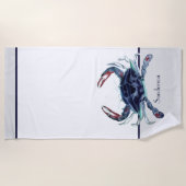 Crab Nautical Navy Blau und Weiß Strandtuch (Vorderseite)