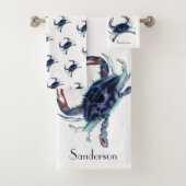 Crab Nautical Navy Blue und Grau Green Badhandtuch Set (Insitu)