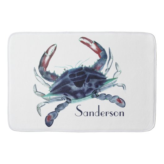 Crab Nautical Navy Blue und White Bath Mat Badematte (Vorderseite)