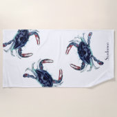 Crab Nautical Navy Blue und White Beach Towel Strandtuch (Vorderseite)