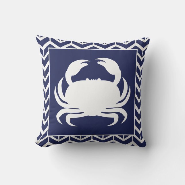 Crab Navy Blue und White Herringbone Naupool Kissen (Vorderseite)