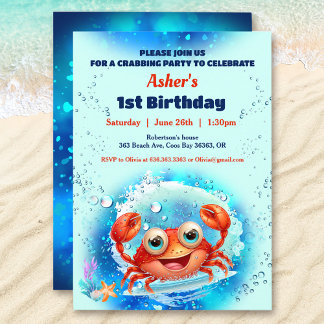 Crab Pool 1. Geburtstag Party Blue Boy Custom Age Einladung