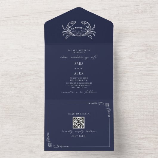 Crab Rustic Beach Wedding Dark Blue QR All In One Einladung (Innen Boden)