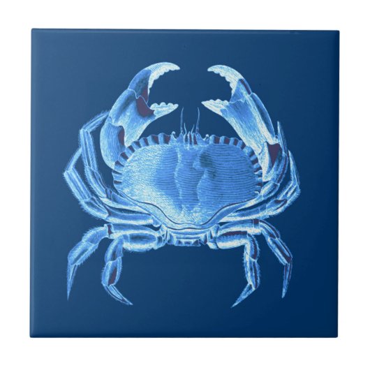 Crab Sea Life Print, Indigo Blue und White Fliese (Vorderseite)