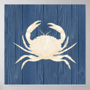 Crab Vintag Blue Wood Beach Poster