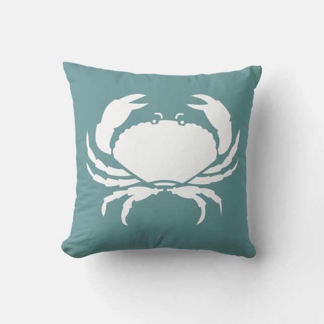 CRAB WHITE auf dunkelblauem, aquamarinem Kissen (Vorderseite)
