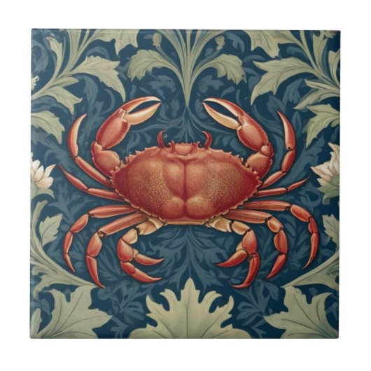 Crab William Morris Stil Nautic Sea Life Fliese (Vorderseite)