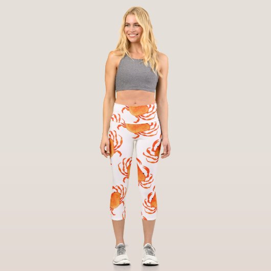 Crabs Wasserfarbe: Weißes Hintergrundmuster Capri Leggings (Vorderseite)
