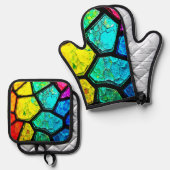 Cracked Rainbow Stained Glass Art Ofenhandschuh & Topflappen-Set (Vorderseite/Rückseite)