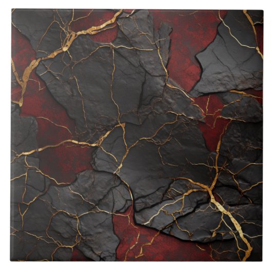 Cracked Stone Textur, Red Black & Gold Fliese (Vorderseite)