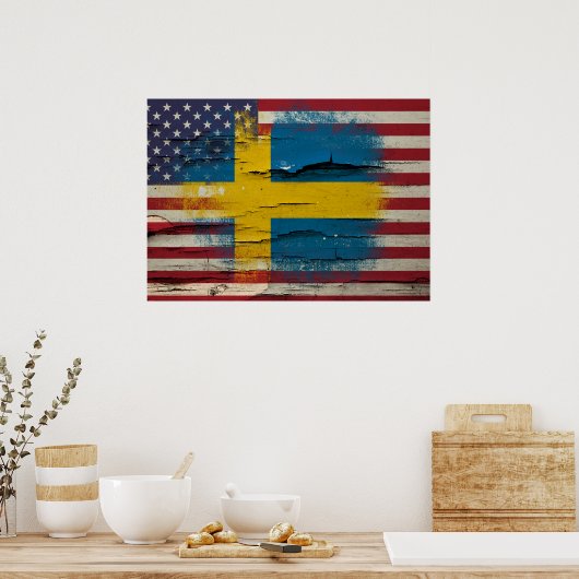 Crackle Paint | Schwedische amerikanische Flagge Poster (Küche)