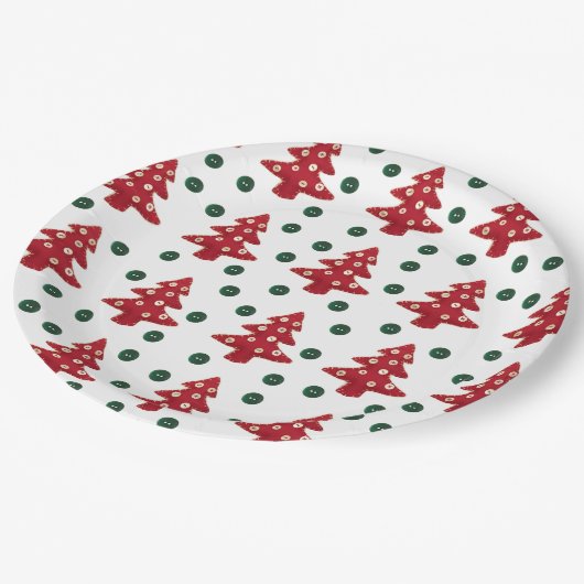 Craft Red Christmas Trees Button Baubles Pappteller (Schrägansicht)