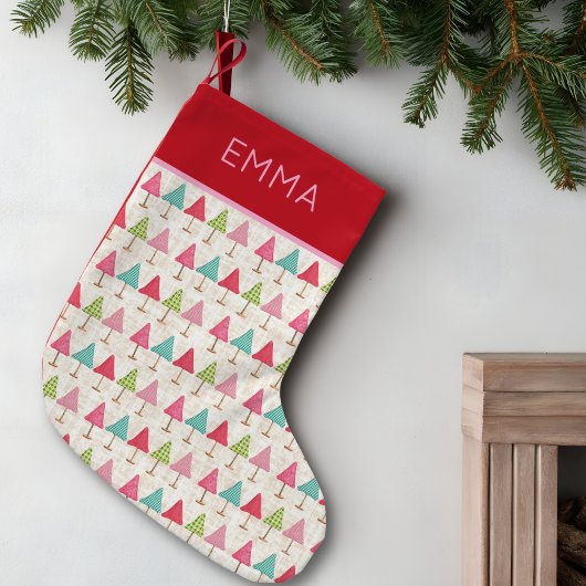 Crafted Christmas Trees Fabric – Pink Red Linen Kleiner Weihnachtsstrumpf