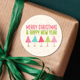 Crafted Christmas Trees, Pink Red Green Linen Runder Aufkleber