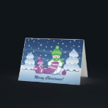 Crafty Snowman Knitting Scarf Feiertagskarte<br><div class="desc">Vector Illustration von zwei bezaubernden Schneemännern aus Strickhütten und Schals aus Cartoon. Der große,  beschissene Schneemann strickt einen übergroßen Schal für den Kleinen. Der Schal ist schon mehrmals um den niedlichen kleinen Schneemann gewickelt.</div>