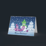 Crafty Snowman Knitting Scarf Feiertagskarte<br><div class="desc">Vector Illustration von zwei bezaubernden Schneemännern aus Strickhütten und Schals aus Cartoon. Der große,  beschissene Schneemann strickt einen übergroßen Schal für den Kleinen. Der Schal ist schon mehrmals um den niedlichen kleinen Schneemann gewickelt.</div>
