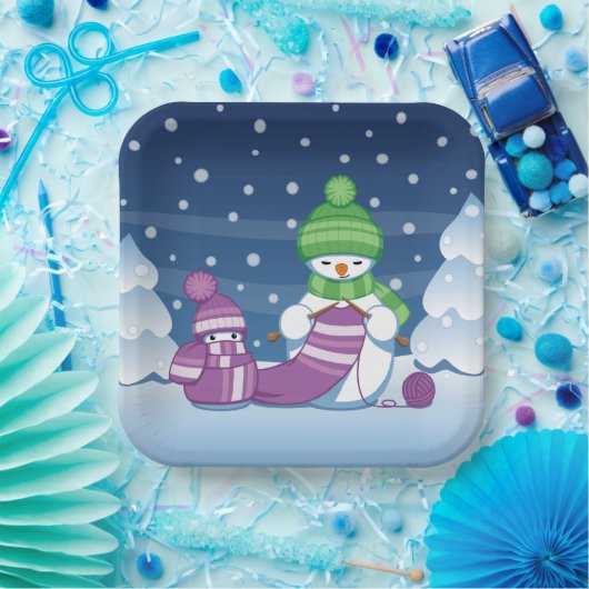 Crafty Snowman Knitting Scarf Pappteller (Party)