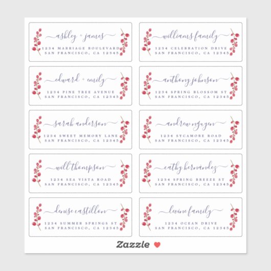 Cranberries Sprig Wedding Guest Address Labels (Blatt)