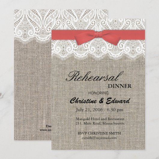 Cranberry Bow and Lace Wedding Probe Dinner Einladung (Vorne/Hinten)