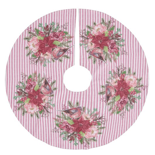 Cranberry Floral Ticking Strip Poinsettia Blumenge Polyester Weihnachtsbaumdecke (Vorderseite)