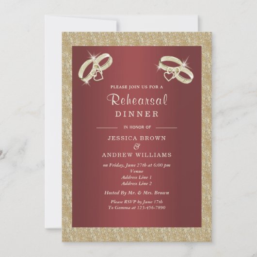 Cranberry, Funkelnd Gold Rings Probe Abendessen Einladung (Vorderseite)