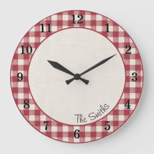 Cranberry-Gingham-Farmhouse-Küchenuhr mit Namen Große Wanduhr