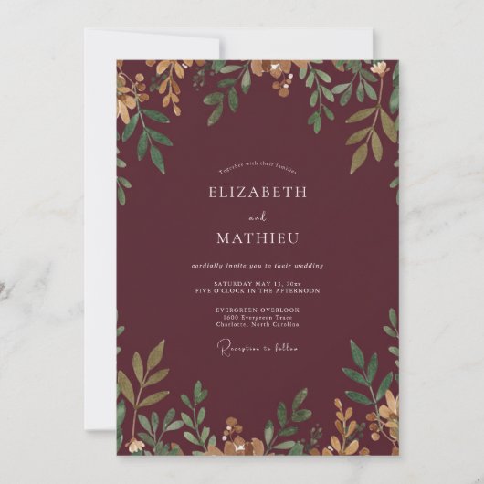 Cranberry Gold Leaf Hochzeit Einladung (Vorderseite)